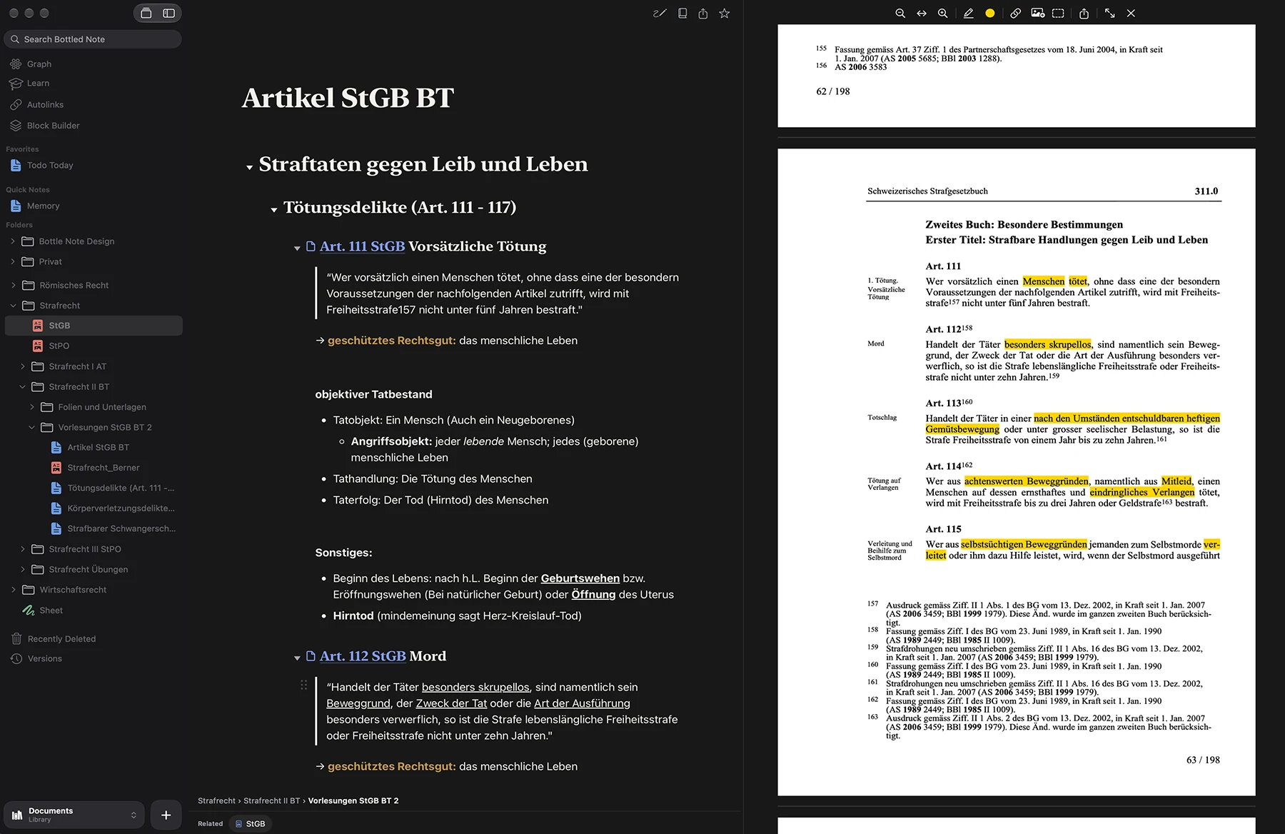 A criminal law note on the Mac with the Swiss Criminal Code open as a PDF beside it