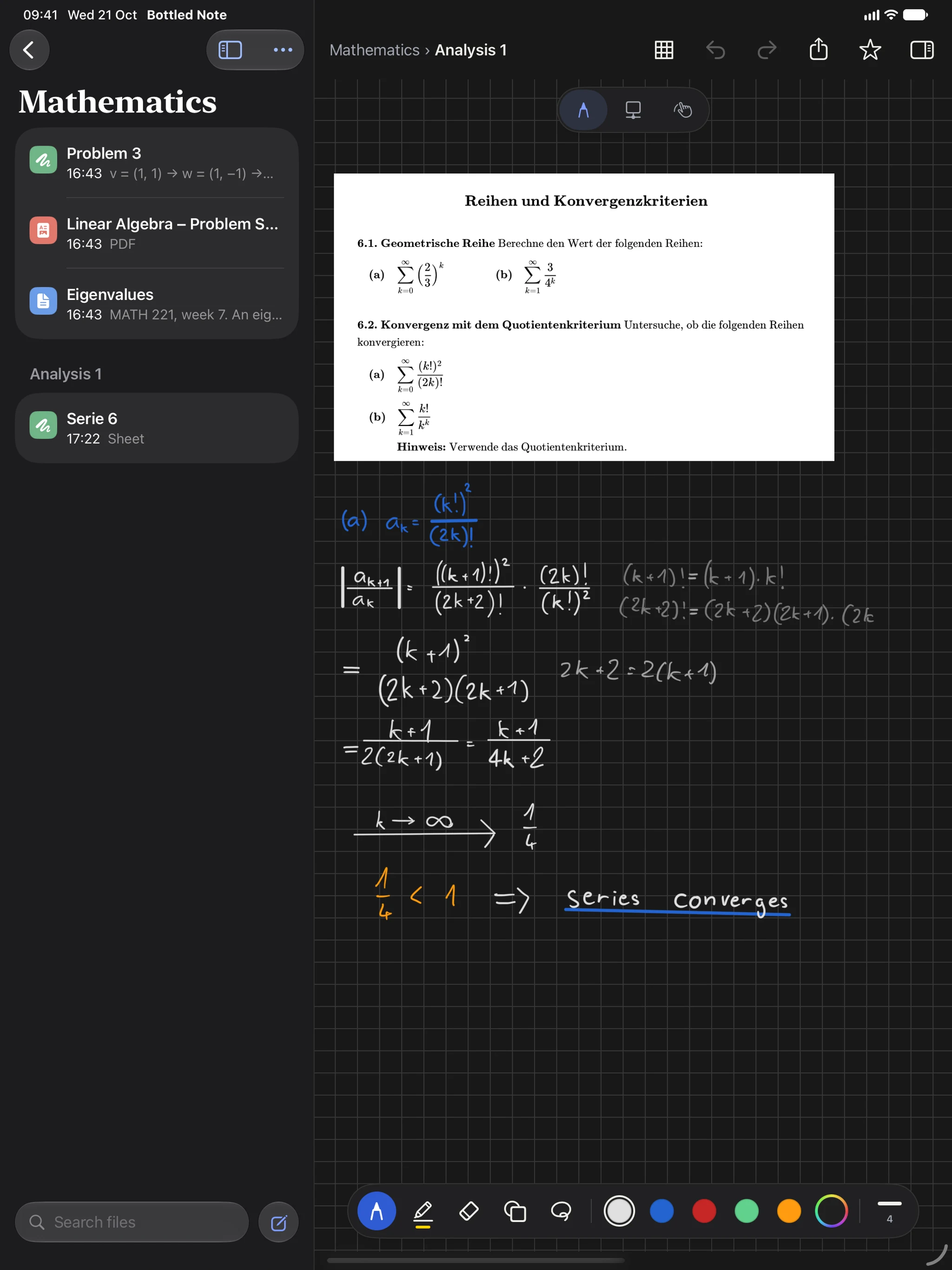 A math exercise on iPad, cut out of the PDF and solved by hand with Apple Pencil