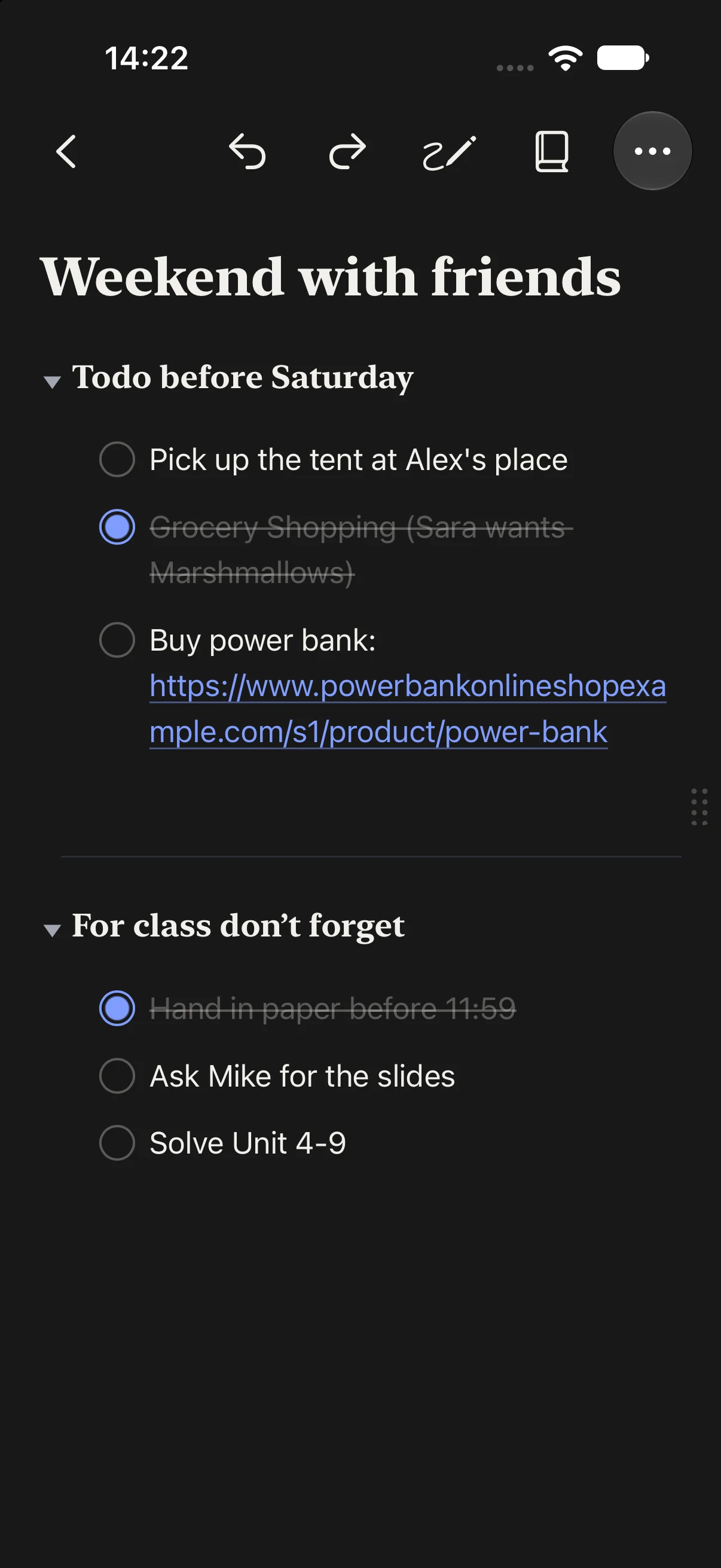 A note on iPhone with to-dos for a weekend with friends and for class