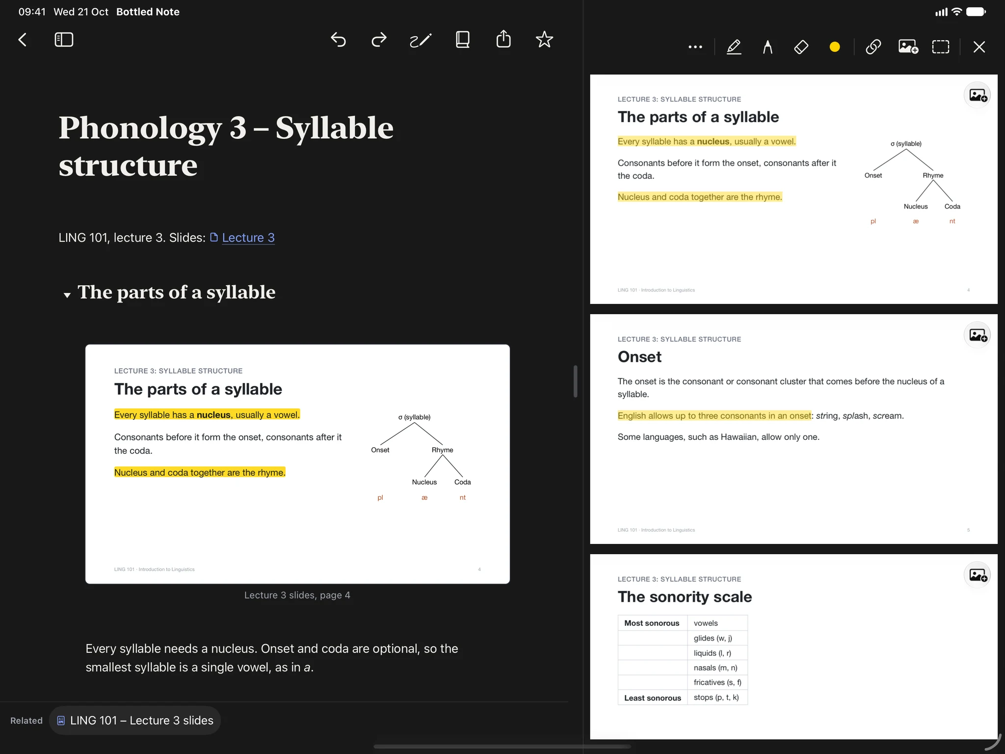 A note on iPad with the lecture slides open beside it and a slide inserted into the note