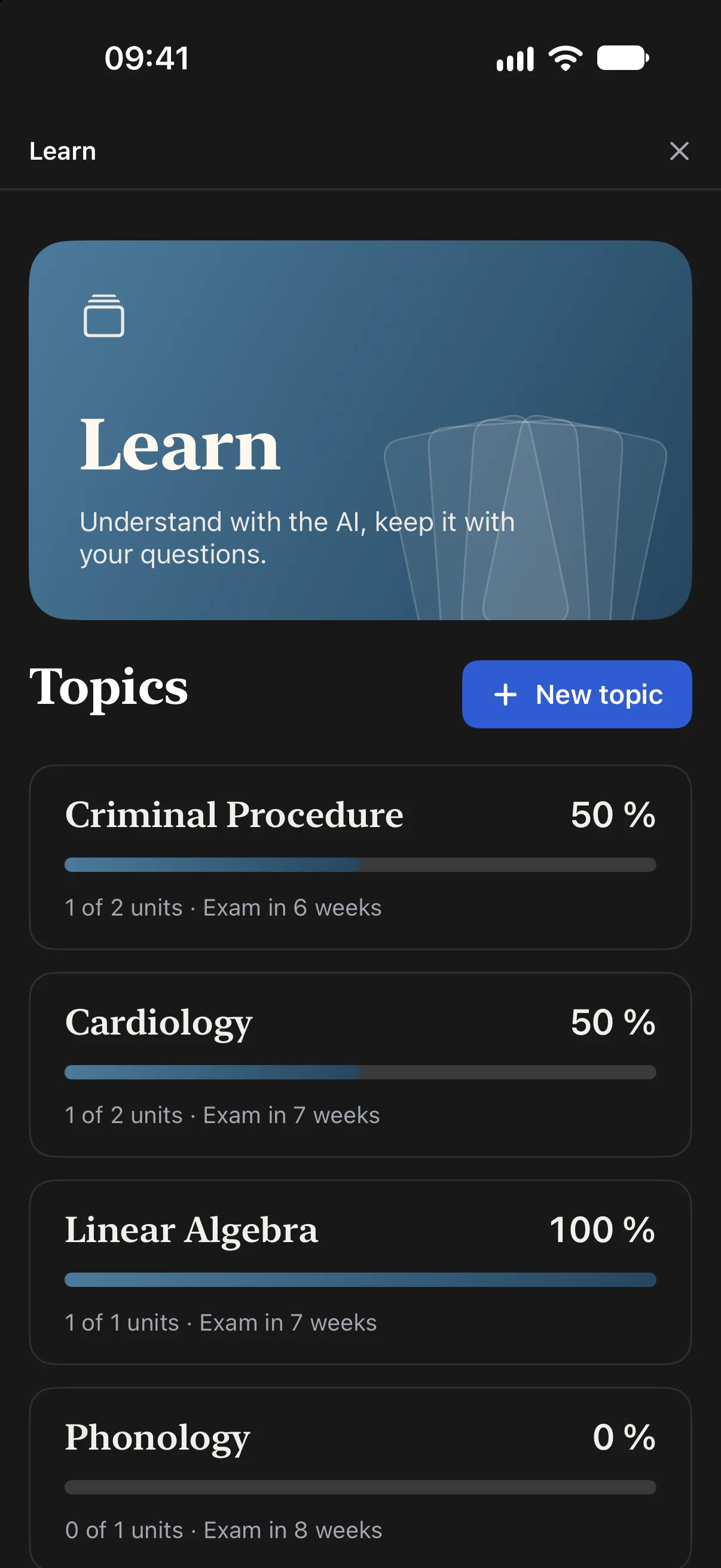 Learn: your topics with their progress