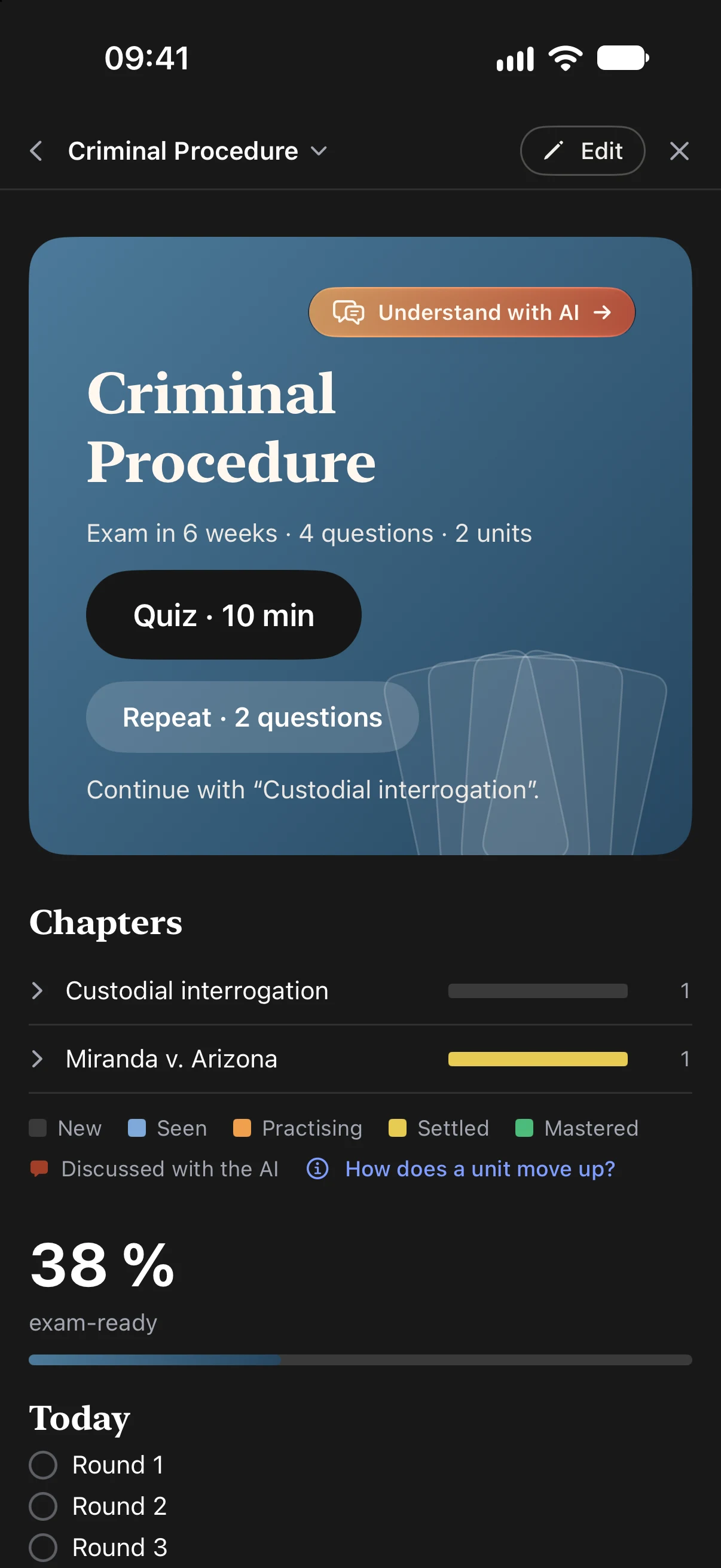 A topic with a quiz, chapters and how ready you are for the exam