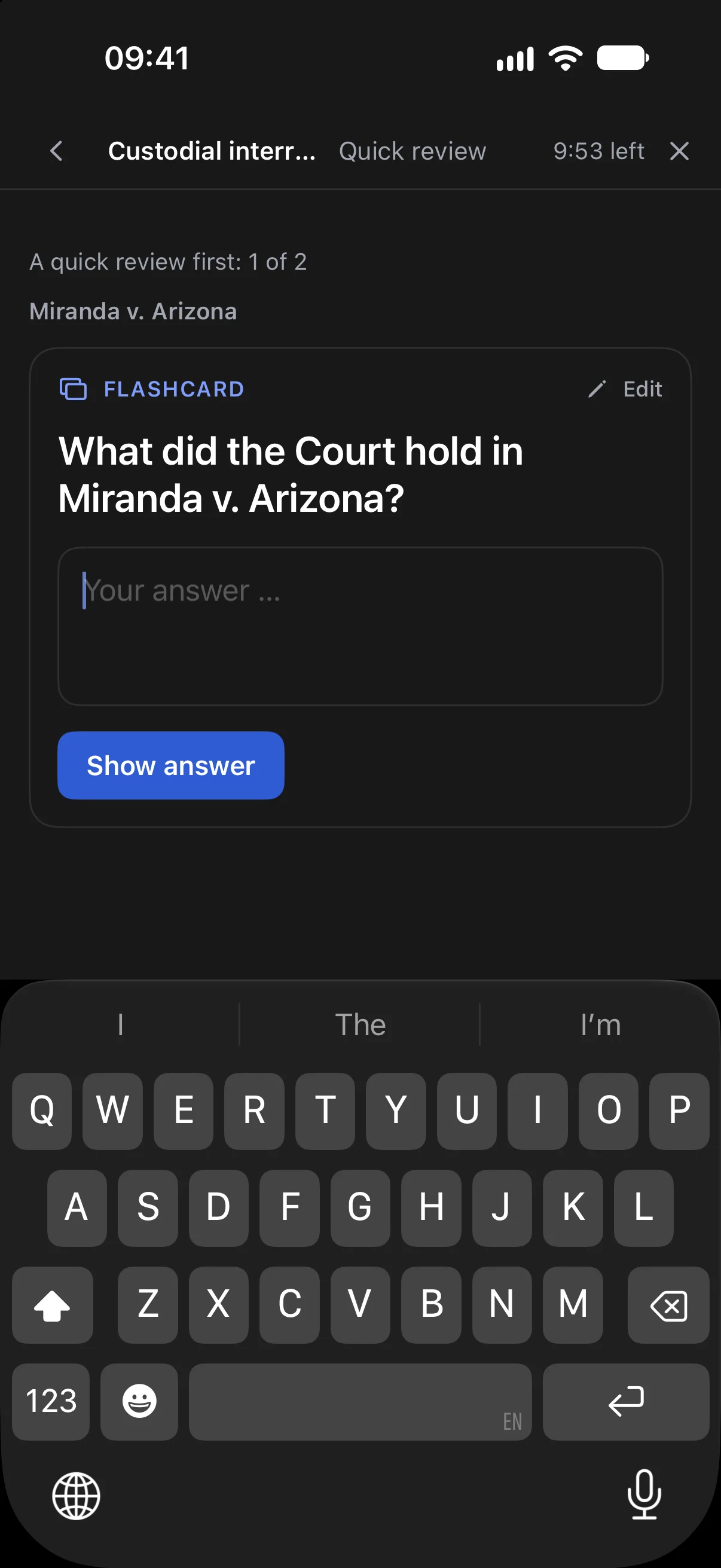 A flashcard: you type your own answer before you see the model answer