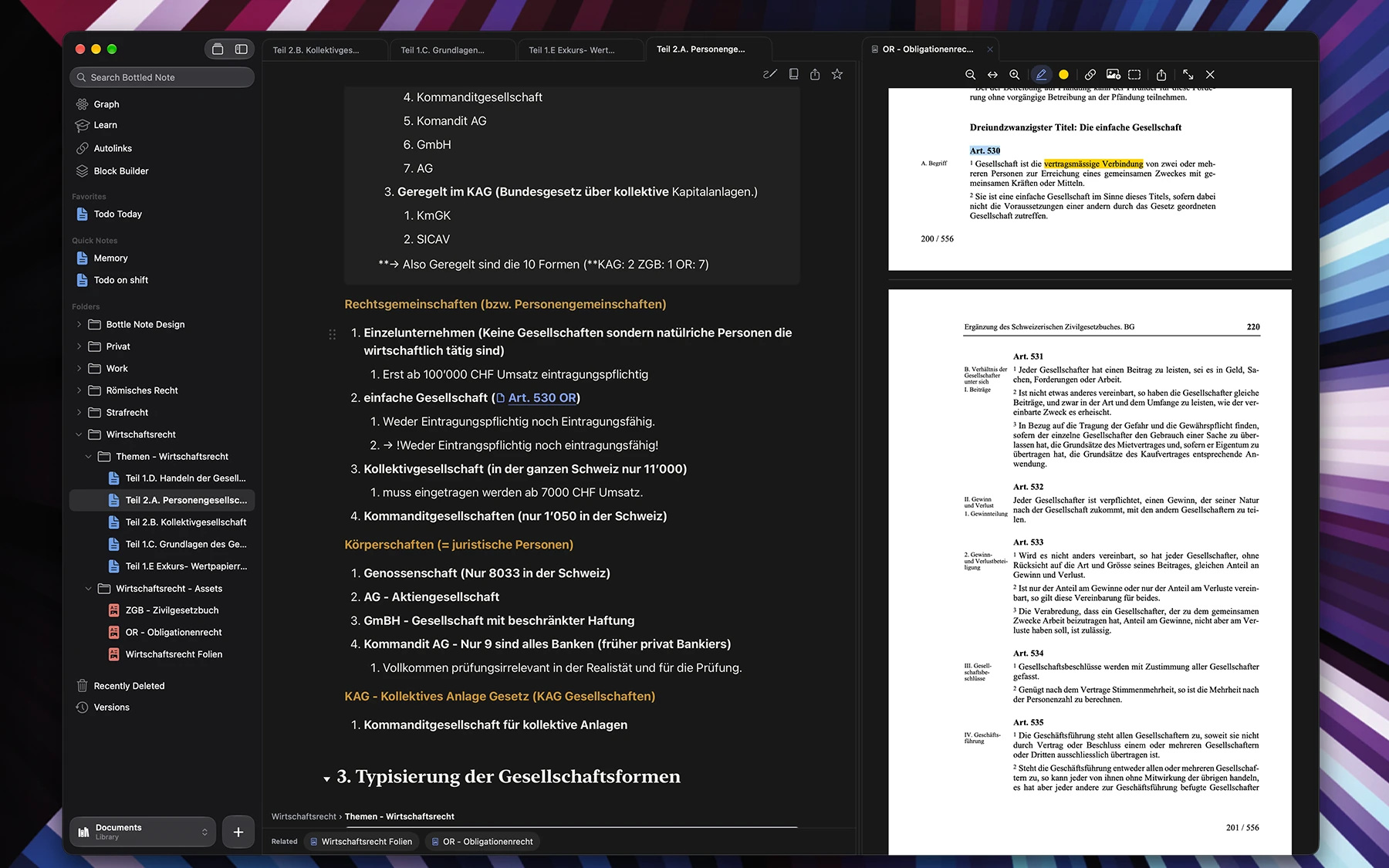 A note on company law on the Mac, with the Code of Obligations open beside it as a PDF