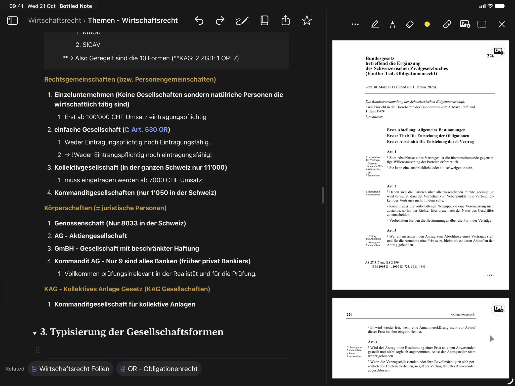 The same company law note on iPad, with the Code of Obligations open beside it