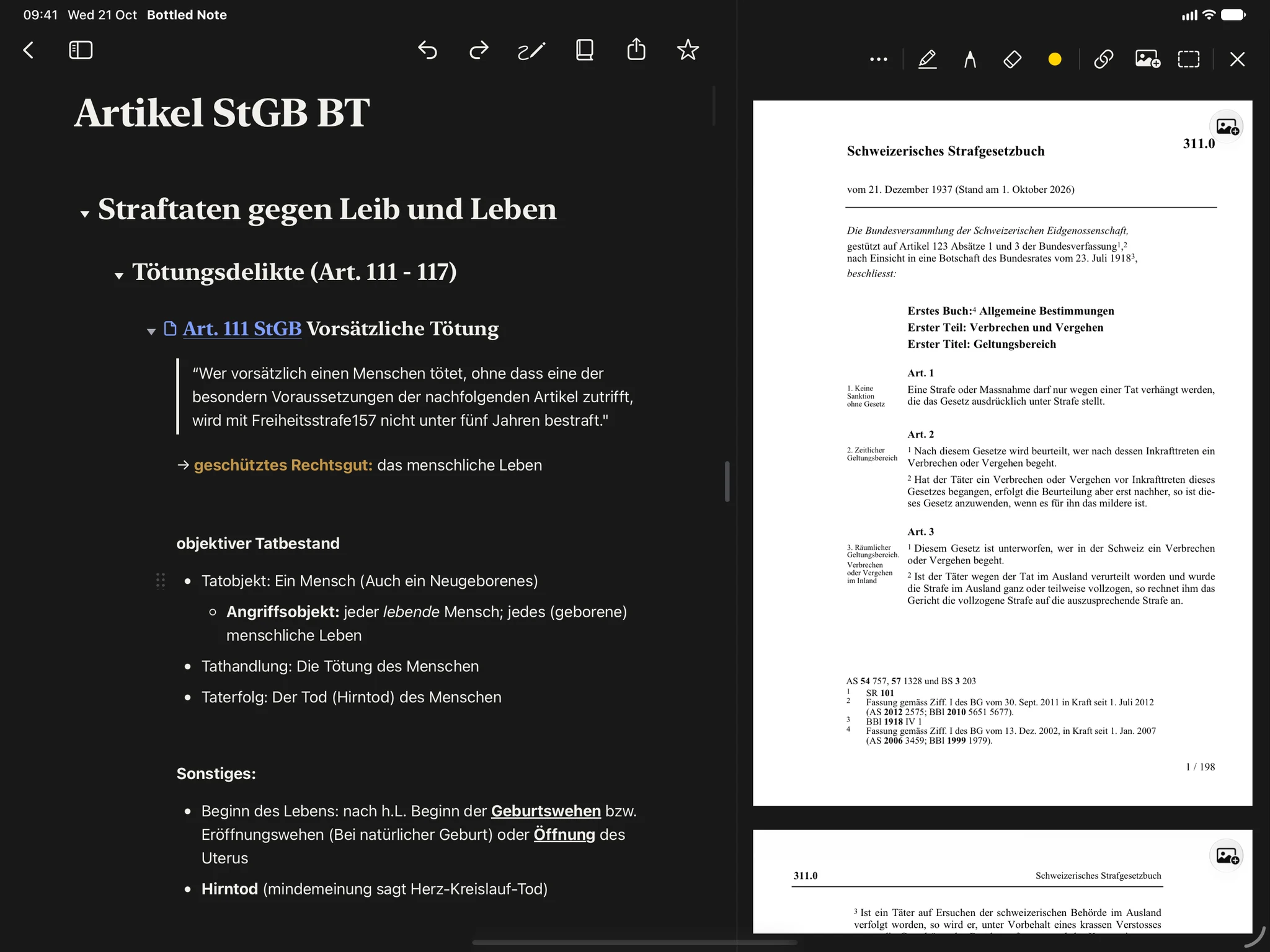 A criminal law note on iPad on homicide, with the Swiss Criminal Code open beside it