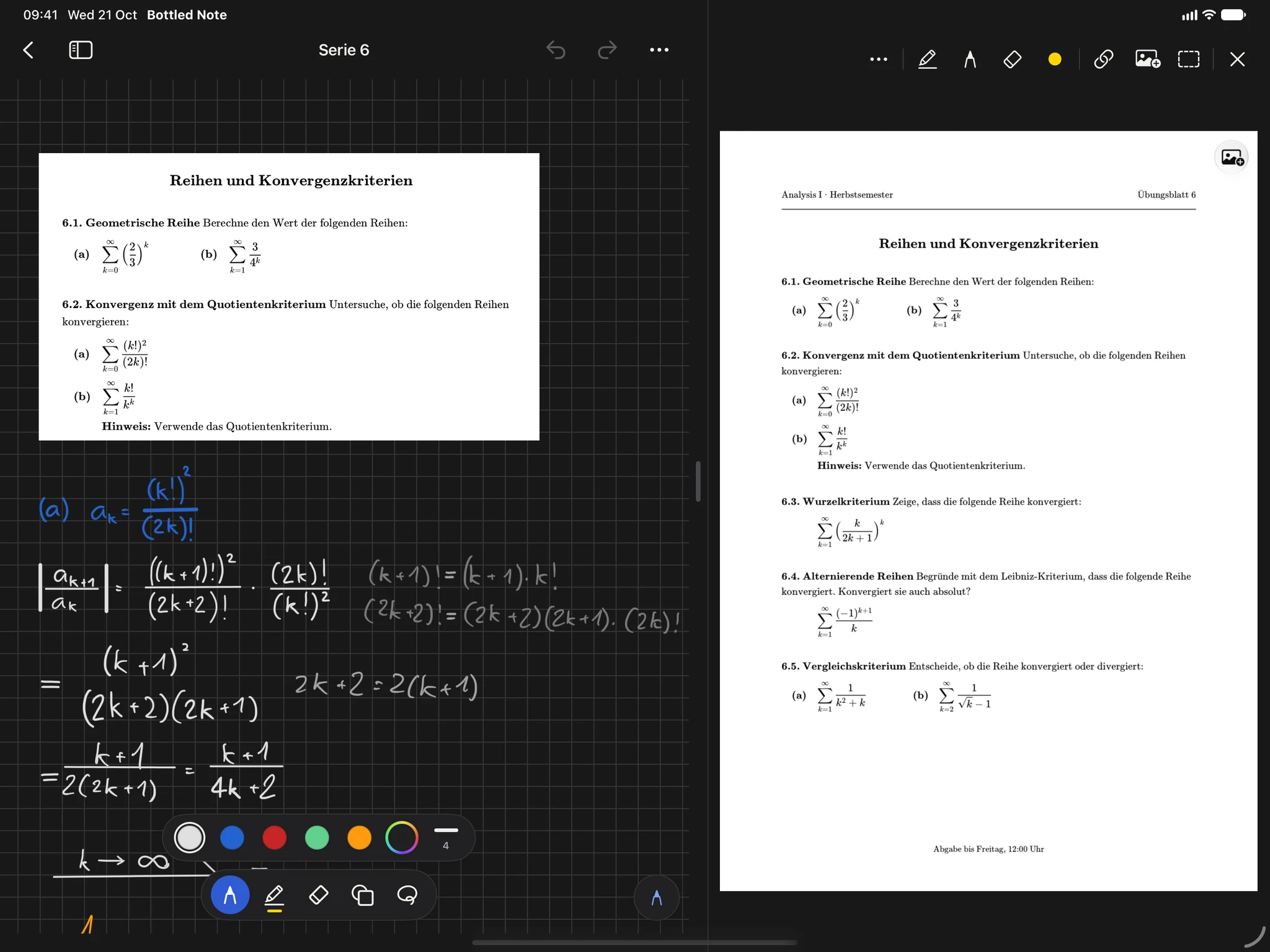 A sheet on iPad with a problem from the exercise sheet and a handwritten solution, the sheet open as a PDF beside it